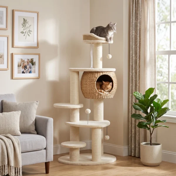 Grote Krabpaal 132 Cm Hoog Kattenboom Met Riet Hol Krabstammen Bed 3 Speelballen Kiepbeveiliging 1 2 Katten Tot 6kg