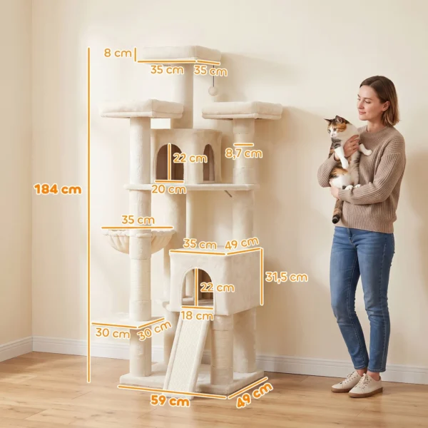Grote Krabpaal 184 Cm Hoog Met 3 Krabstammen Ligvlakken Speelbal Hangmat Ladder, Katten Onder 6 Kg