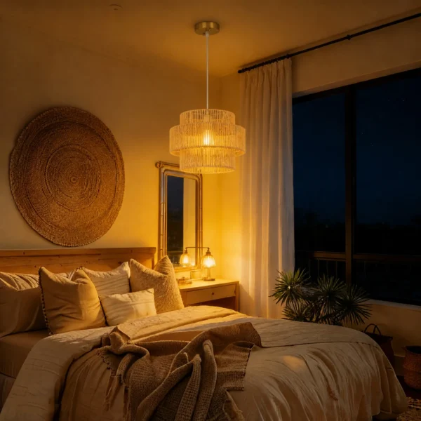 Hanglamp, 3 laags Lampenkap, Metaal, Hennep Touw, Lichtbruin