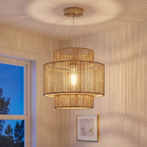 Hanglamp, 3 laags Lampenkap, Metaal, Hennep Touw, Lichtbruin