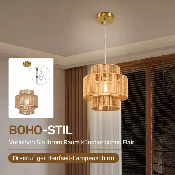 Hanglamp, 3 laags Lampenkap, Metaal, Hennep Touw, Lichtbruin