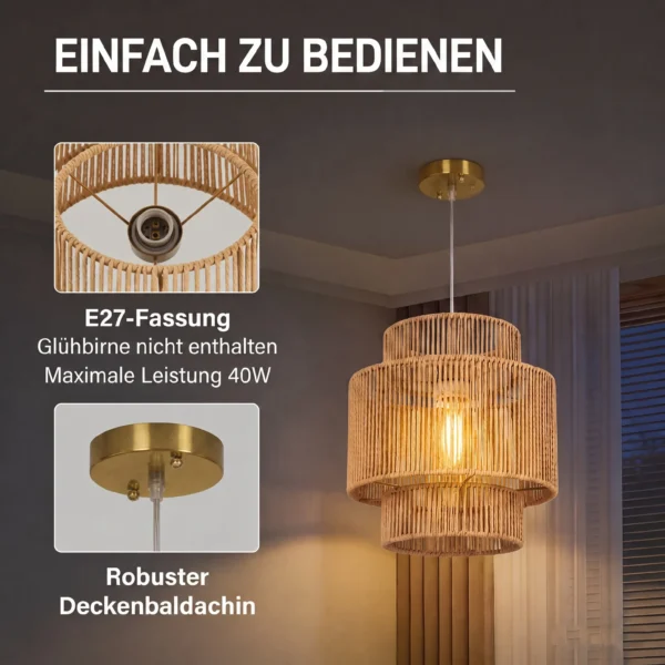 Hanglamp, 3 laags Lampenkap, Metaal, Hennep Touw, Lichtbruin