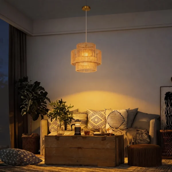 Hanglamp, 3 laags Lampenkap, Metaal, Hennep Touw, Lichtbruin