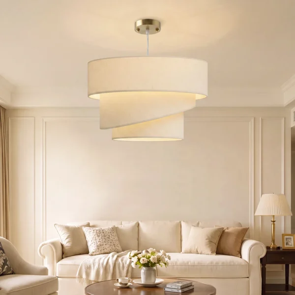 Hanglamp Met 3 Linnen Kappen, Moderne Plafondlamp In Hoogte Verstelbaar, Beige, Lichtbron Niet Inbegrepen