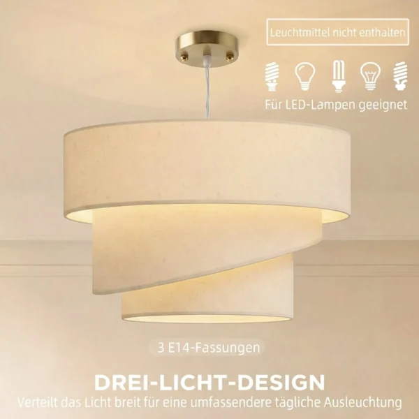 Hanglamp Met 3 Linnen Kappen, Moderne Plafondlamp In Hoogte Verstelbaar, Beige, Lichtbron Niet Inbegrepen