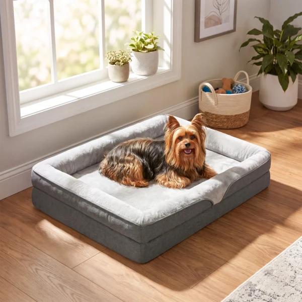 Hondenbed Met Verhoogde Randen Antislip Onderkant Linnenlook Wasbaar Hondenkussen Spatwaterbestendig 91x68x16cm