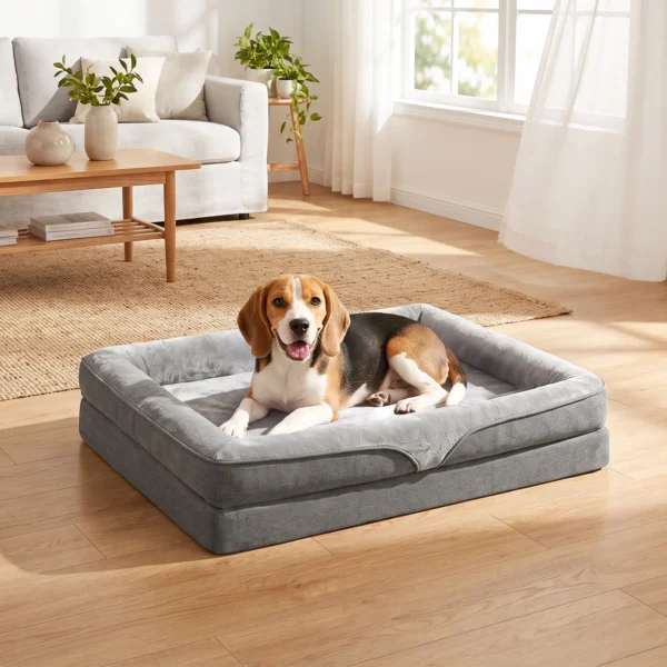 Hondenbed Met Verhoogde Randen Antislip Onderkant Linnenlook Wasbaar Hondenkussen Spatwaterbestendig 91x68x16cm