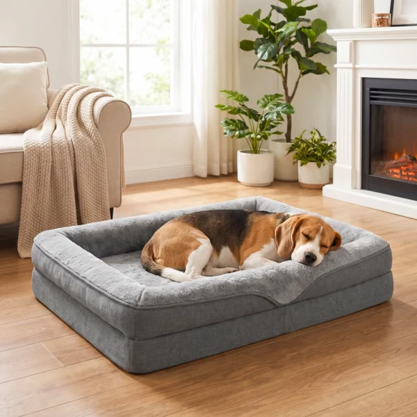 Hondenbed Met Verhoogde Randen Antislip Onderkant Linnenlook Wasbaar Hondenkussen Spatwaterbestendig 91x68x16cm