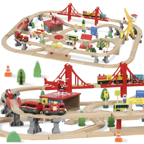 Houten Treinset 133 Stukken Treinset Met Elektrische Locomotief, Basisplaat, Rails, Kraan, Brug Geschikt Voor Peuters Vanaf 3 Jaar