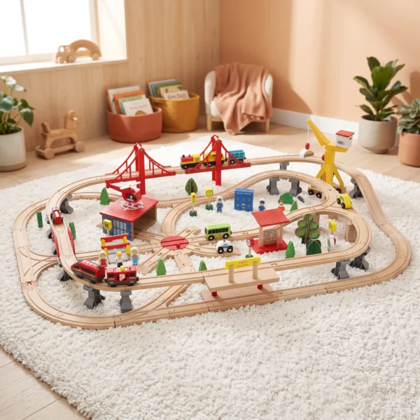 Houten Treinset 133 Stukken Treinset Met Elektrische Locomotief, Basisplaat, Rails, Kraan, Brug Geschikt Voor Peuters Vanaf 3 Jaar