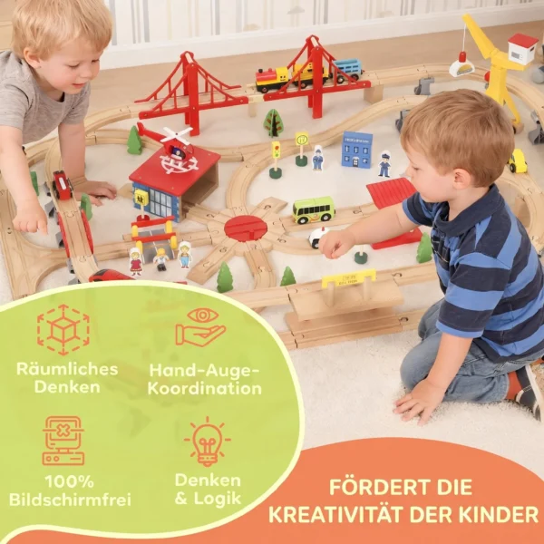 Houten Treinset 133 Stukken Treinset Met Elektrische Locomotief, Basisplaat, Rails, Kraan, Brug Geschikt Voor Peuters Vanaf 3 Jaar