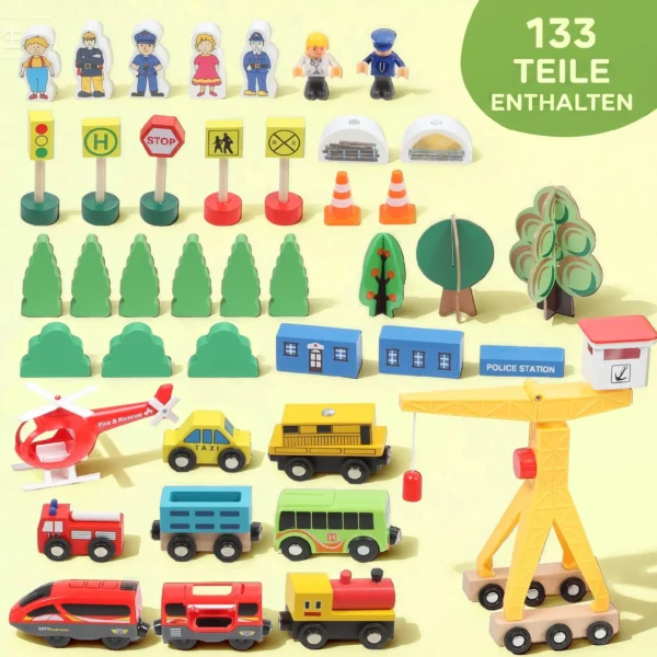 Houten Treinset 133 Stukken Treinset Met Elektrische Locomotief, Basisplaat, Rails, Kraan, Brug Geschikt Voor Peuters Vanaf 3 Jaar