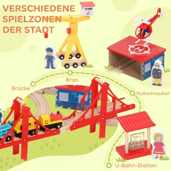 Houten Treinset 133 Stukken Treinset Met Elektrische Locomotief, Basisplaat, Rails, Kraan, Brug Geschikt Voor Peuters Vanaf 3 Jaar