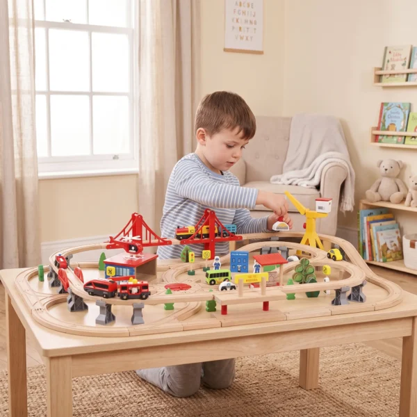 Houten Treinset 133 Stukken Treinset Met Elektrische Locomotief, Basisplaat, Rails, Kraan, Brug Geschikt Voor Peuters Vanaf 3 Jaar