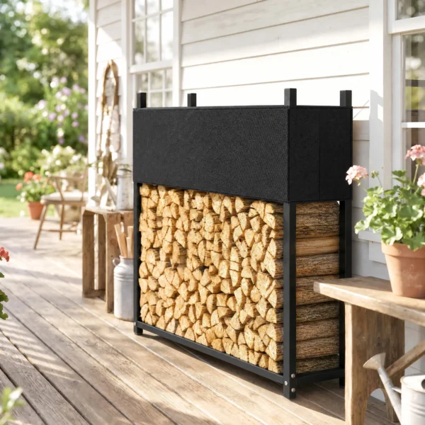 Kaminhoutrek 106 X 25 X 113 Cm Brandhoutrek Met 600D Oxford hoes Stalen Frame Tot 250 Kg Zwart