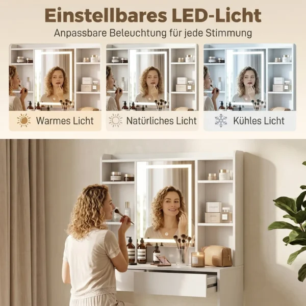 Kaptafel Met Spiegel En LED verlichting, Kaptafel Met 2 Lades, Open Vakken En 8 Haken, Wit