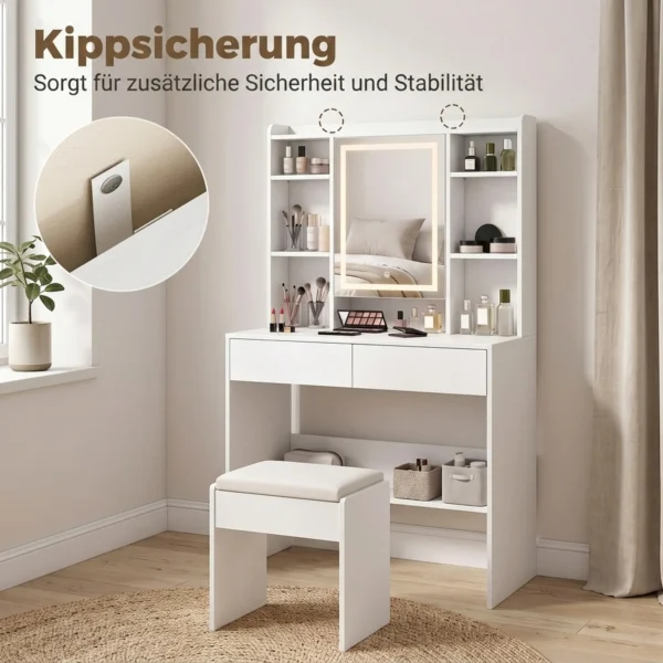 Kaptafel Met Spiegel En LED verlichting, Kaptafel Met 2 Lades, Open Vakken En 8 Haken, Wit