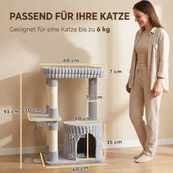 Kattenboom, 93 Cm 3 traps Krabpaal Met Sisal Krabstammen, Knuffelhol, Groot Ligoppervlak, Platform, Tot 6 Kg