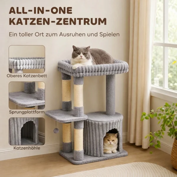 Kattenboom, 93 Cm 3 traps Krabpaal Met Sisal Krabstammen, Knuffelhol, Groot Ligoppervlak, Platform, Tot 6 Kg