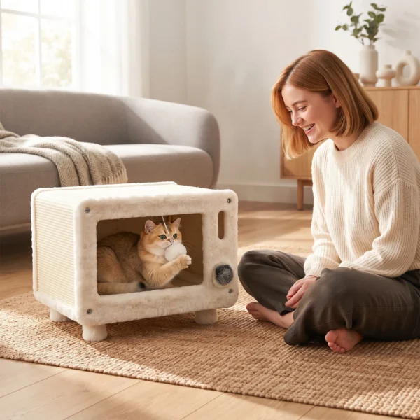 Kattenhuis In TV ontwerp, Kattenhol Met Hangmat En Speelbal, Sisal Krabmat, Voor Katten Tot 7 Kg 50 X 33 X 42 Cm