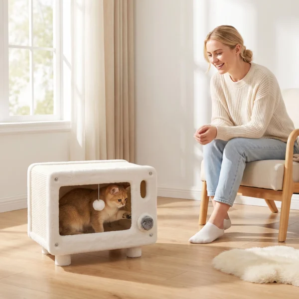Kattenhuis In TV ontwerp, Kattenhol Met Hangmat En Speelbal, Sisal Krabmat, Voor Katten Tot 7 Kg 50 X 33 X 42 Cm