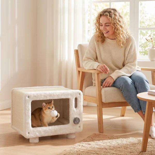 Kattenhuis In TV ontwerp, Kattenhol Met Hangmat En Speelbal, Sisal Krabmat, Voor Katten Tot 7 Kg 50 X 33 X 42 Cm