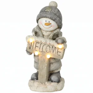 Kerstdecoratie Sneeuwpop Figuur, Verlichte Kerststandbeeld Gemaakt Van MGO Met Welkom bord, LEDs En Dag timer