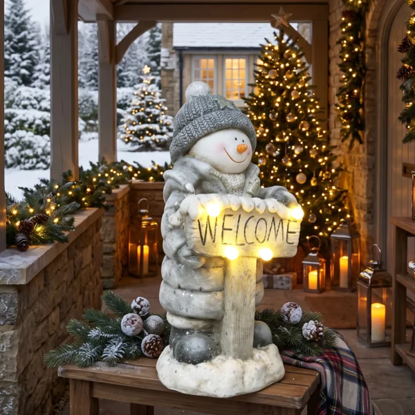 Kerstdecoratie Sneeuwpop Figuur, Verlichte Kerststandbeeld Gemaakt Van MGO Met Welkom bord, LEDs En Dag timer