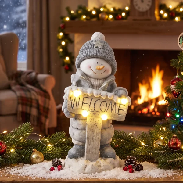 Kerstdecoratie Sneeuwpop Figuur, Verlichte Kerststandbeeld Gemaakt Van MGO Met Welkom bord, LEDs En Dag timer