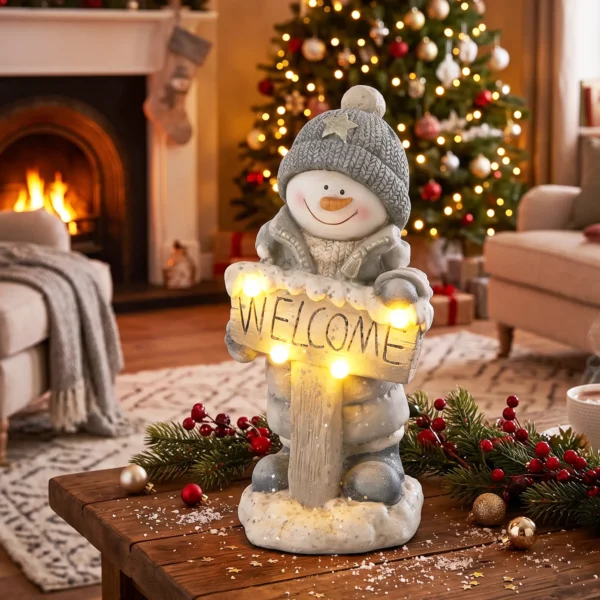 Kerstdecoratie Sneeuwpop Figuur, Verlichte Kerststandbeeld Gemaakt Van MGO Met Welkom bord, LEDs En Dag timer