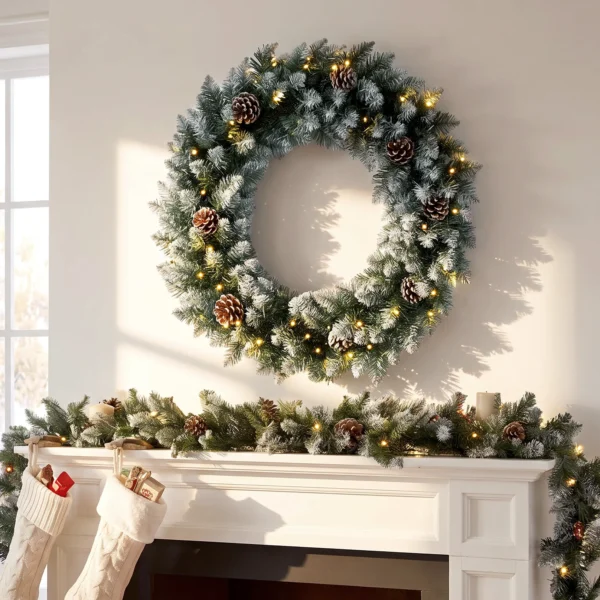 Kerstkrans 60 Cm Verlicht Deurkrans Met 50 LEDs Dennenappels Kunstmatige Sneeuw Voor Kerstmis Advent Voordeur