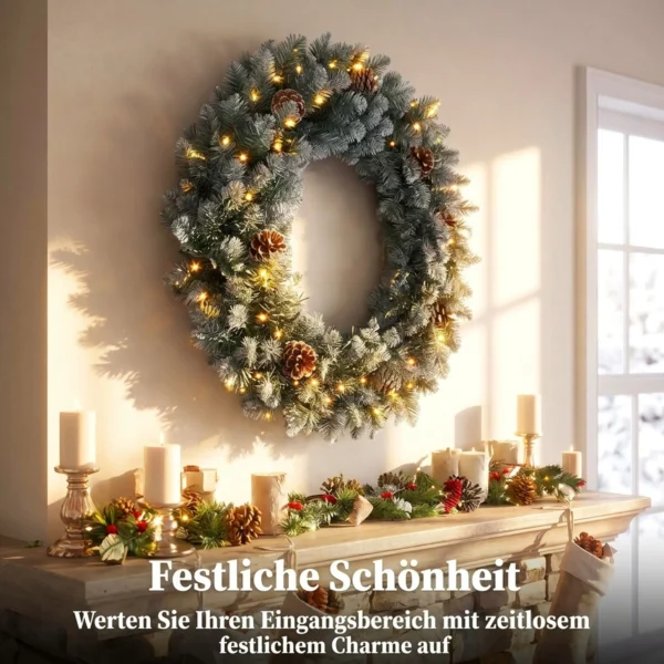 Kerstkrans 60 Cm Verlicht Deurkrans Met 50 LEDs Dennenappels Kunstmatige Sneeuw Voor Kerstmis Advent Voordeur