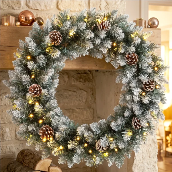 Kerstkrans 60 Cm Verlicht Deurkrans Met 50 LEDs Dennenappels Kunstmatige Sneeuw Voor Kerstmis Advent Voordeur