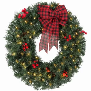 Kerstkrans 61 Cm Deurkrans Met Crestwood Sparren Design, Strik, 50 LEDs, 140 Takpunten, 8 Verlichtingsmodi