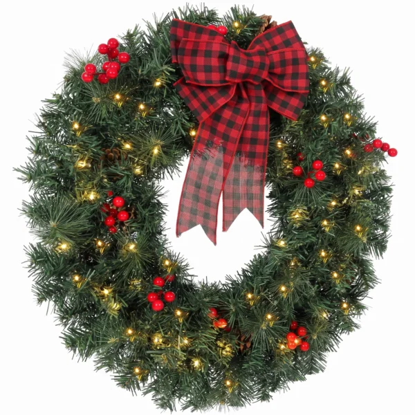 Kerstkrans 61 Cm Deurkrans Met Crestwood Sparren Design, Strik, 50 LEDs, 140 Takpunten, 8 Verlichtingsmodi