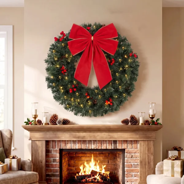 Kerstkrans 61 Cm Deurkrans Met Crestwood Sparren Design, Strik, 50 LEDs, 140 Takpunten, 8 Verlichtingsmodi