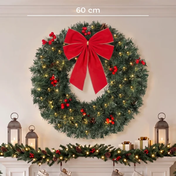 Kerstkrans 61 Cm Deurkrans Met Crestwood Sparren Design, Strik, 50 LEDs, 140 Takpunten, 8 Verlichtingsmodi