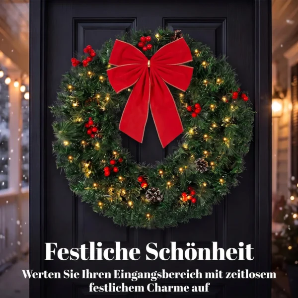Kerstkrans 61 Cm Deurkrans Met Crestwood Sparren Design, Strik, 50 LEDs, 140 Takpunten, 8 Verlichtingsmodi