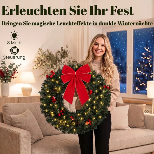Kerstkrans 61 Cm Deurkrans Met Crestwood Sparren Design, Strik, 50 LEDs, 140 Takpunten, 8 Verlichtingsmodi