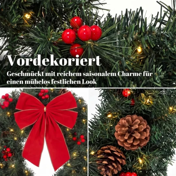 Kerstkrans 61 Cm Deurkrans Met Crestwood Sparren Design, Strik, 50 LEDs, 140 Takpunten, 8 Verlichtingsmodi