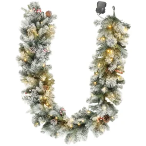 Kerstkrans Met 216 Besneeuwde Takken, 50 LED lampjes, Ø25x180 Cm, Groen & Wit