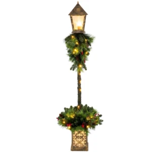 Kerststraatlantaarn Met 50 Warmwitte LED's, Buitenlantaarn Met 159 PVC takpunten En Rode Bessen