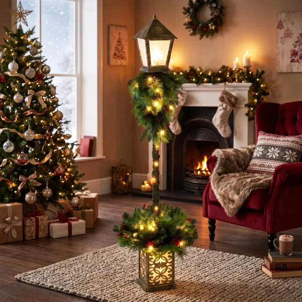 Kerststraatlantaarn Met 50 Warmwitte LED's, Buitenlantaarn Met 159 PVC takpunten En Rode Bessen