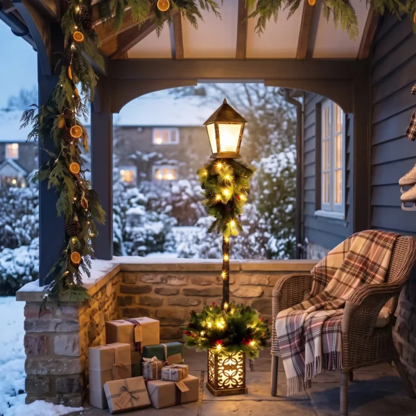 Kerststraatlantaarn Met 50 Warmwitte LED's, Buitenlantaarn Met 159 PVC takpunten En Rode Bessen