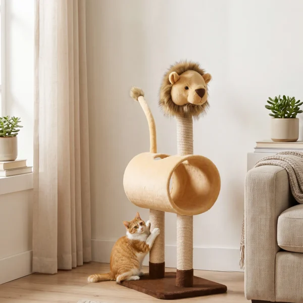 Krabpaal 104 Cm Kattenboom Met Leeuw ontwerp Krabpaal, Tunnel, Hangende Staart Tot 7 Kg, Lichtbruin