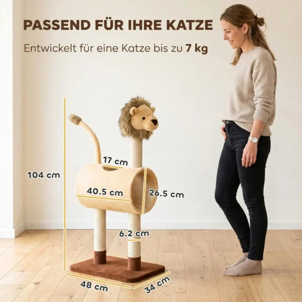 Krabpaal 104 Cm Kattenboom Met Leeuw ontwerp Krabpaal, Tunnel, Hangende Staart Tot 7 Kg, Lichtbruin
