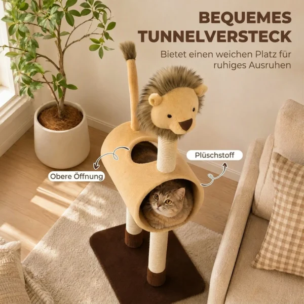 Krabpaal 104 Cm Kattenboom Met Leeuw ontwerp Krabpaal, Tunnel, Hangende Staart Tot 7 Kg, Lichtbruin