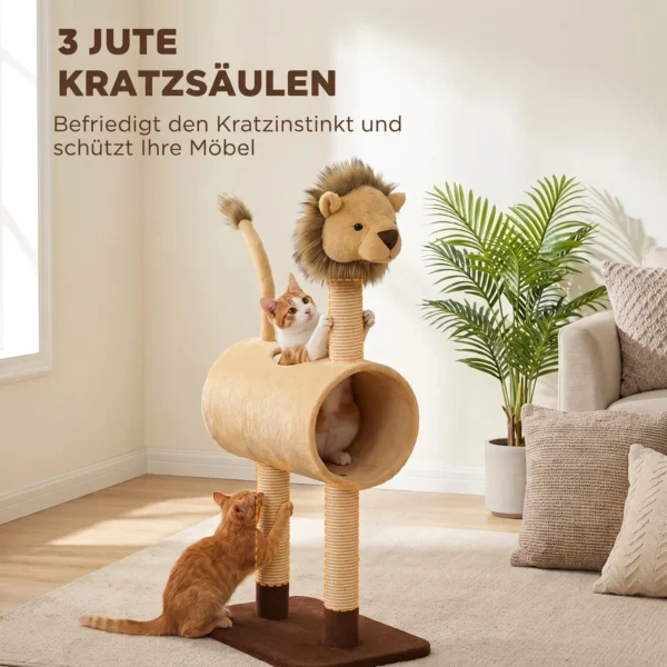 Krabpaal 104 Cm Kattenboom Met Leeuw ontwerp Krabpaal, Tunnel, Hangende Staart Tot 7 Kg, Lichtbruin