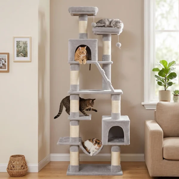 Krabpaal 204 Cm Kattenboom Met Grotten Ladder Meerdere Verdiepingen Kattenkrabpaal Voor 1 3 Katten Tot 6 Kg Lichtgrijs