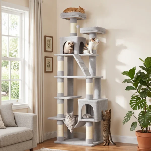 Krabpaal 204 Cm Kattenboom Met Grotten Ladder Meerdere Verdiepingen Kattenkrabpaal Voor 1 3 Katten Tot 6 Kg Lichtgrijs